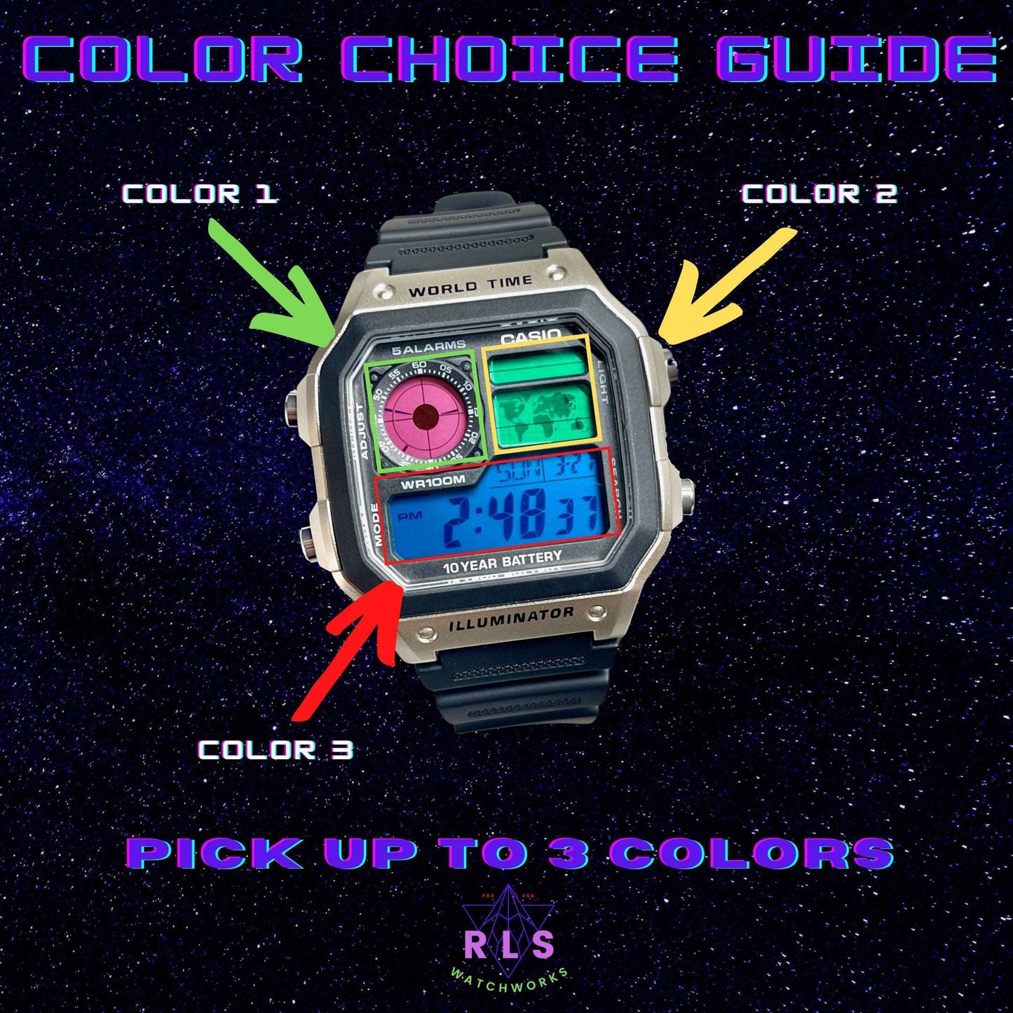 Custom Casio World Time Watch, Silver, Black, Gold with Color Screen Mod (Pick your colors)