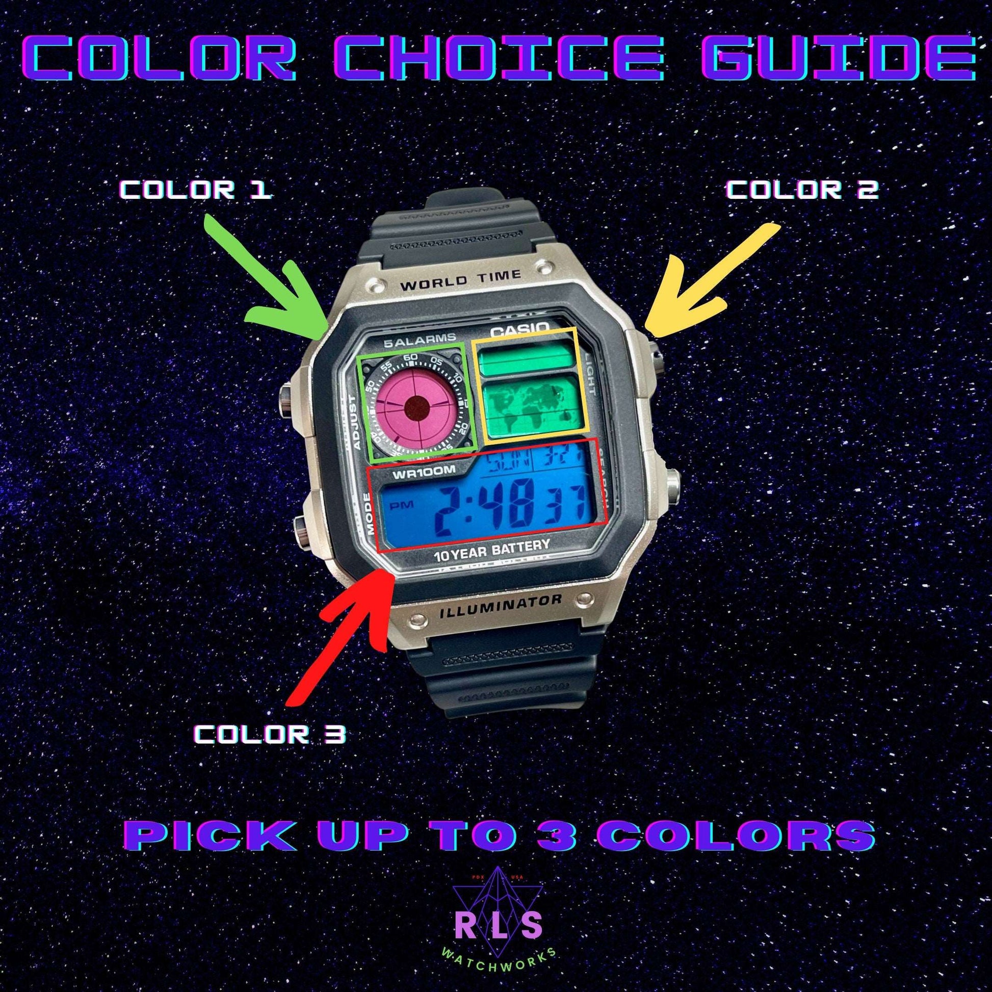 Custom Casio World Time Watch, Silver, Black, Gold with Color Screen Mod (Pick your colors)