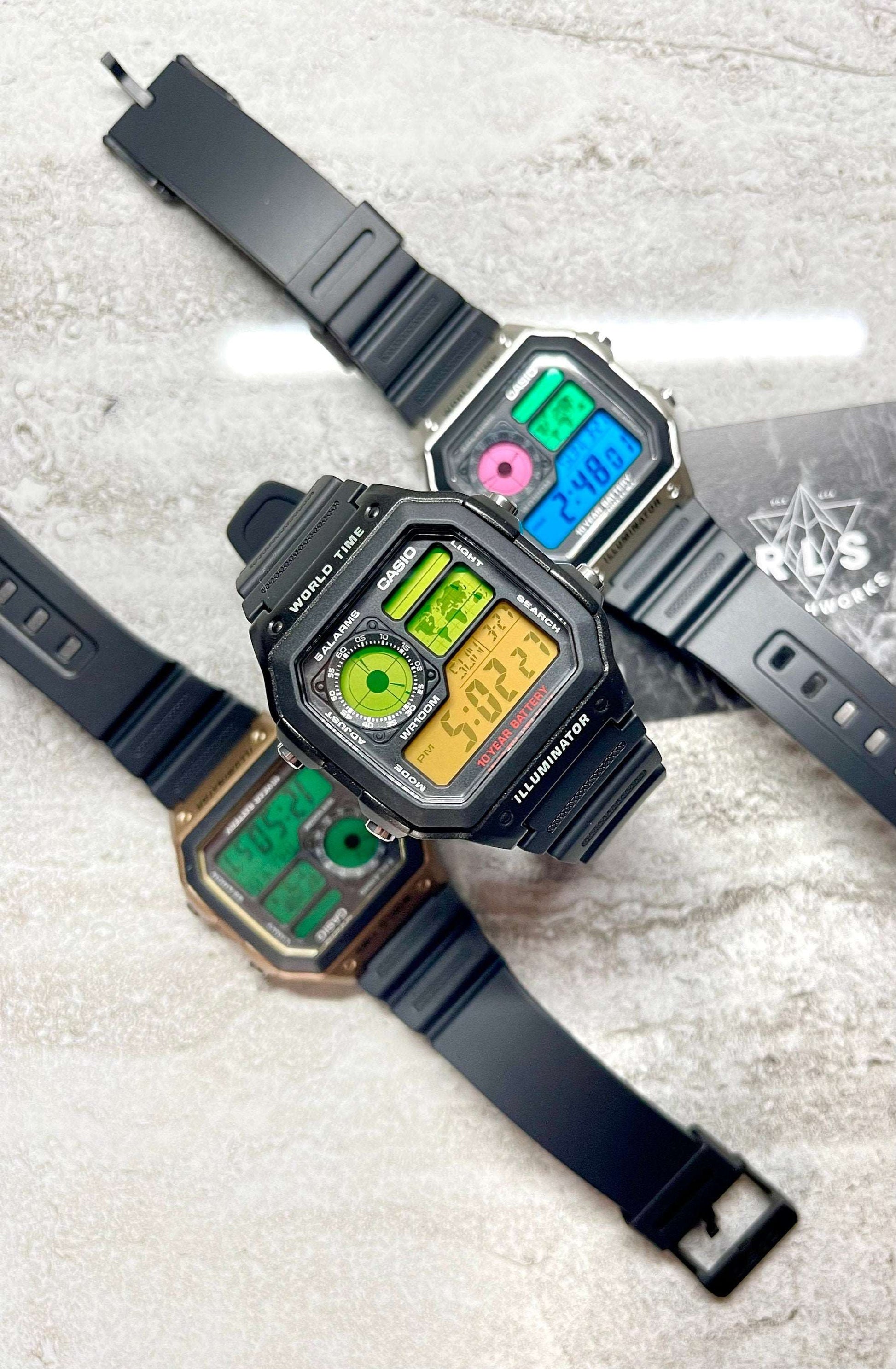 Custom Casio World Time Watch, Silver, Black, Gold with Color Screen Mod (Pick your colors)