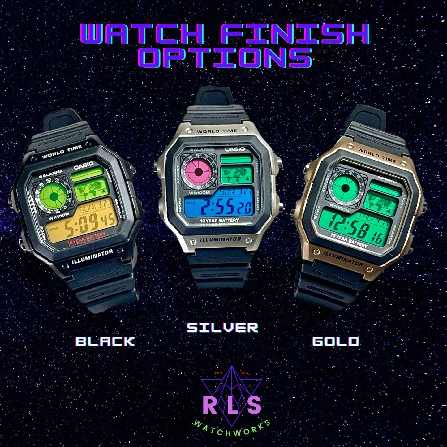Custom Casio World Time Watch, Silver, Black, Gold with Color Screen Mod (Pick your colors)