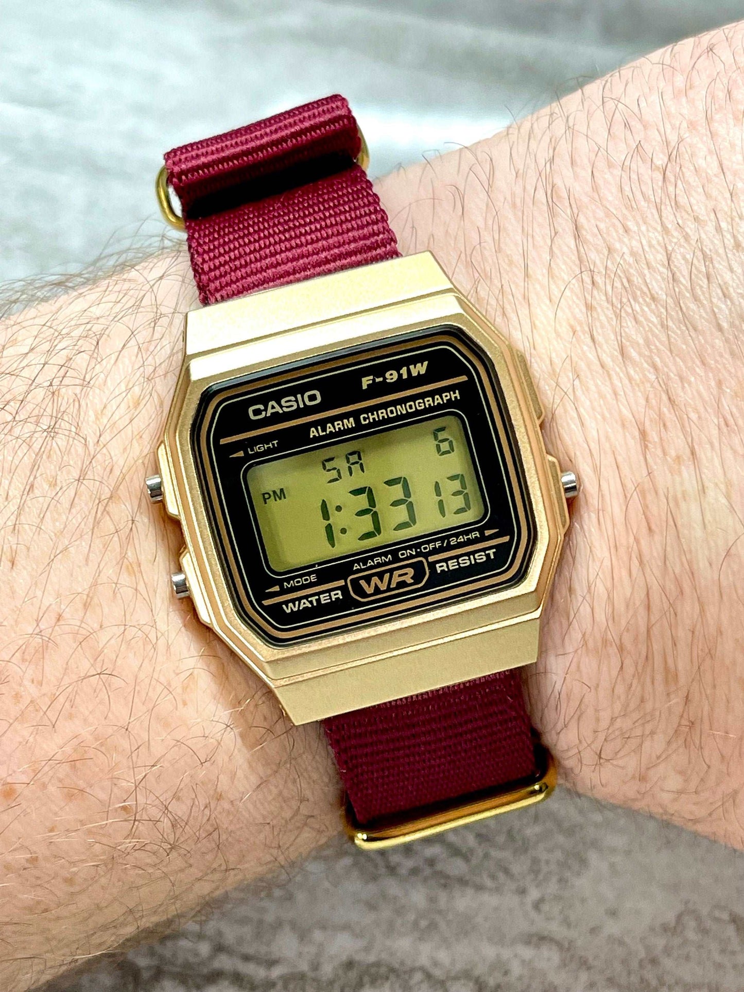Custom Gold Casio Watch on Burgundy Strap