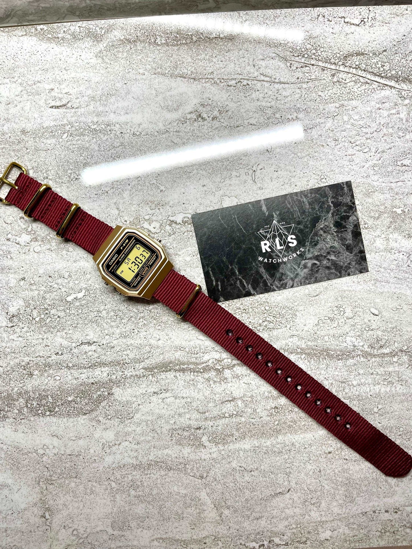 Custom Gold Casio Watch on Burgundy Strap