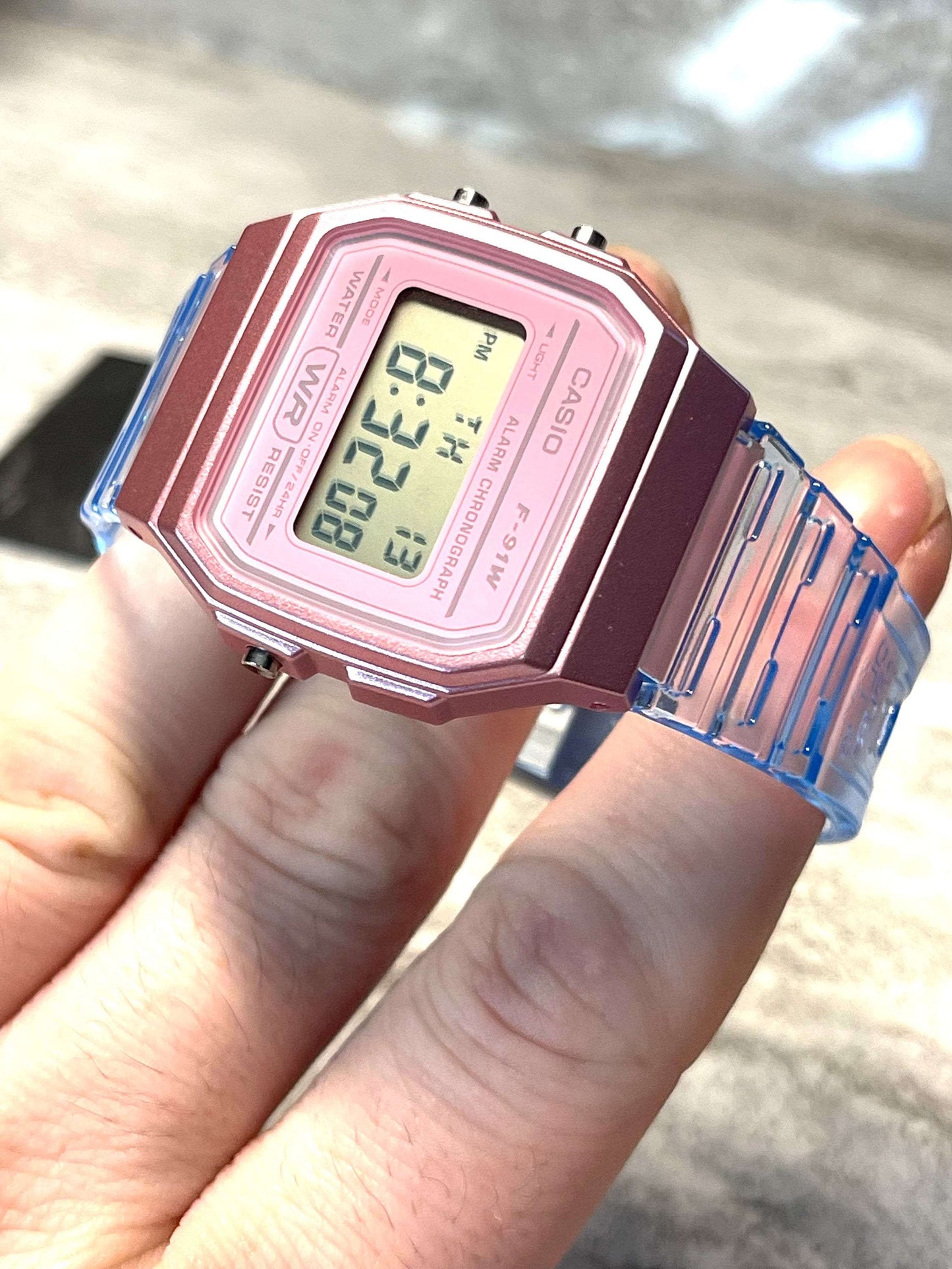 Custom Pink Casio Watch on Blue Jelly Strap