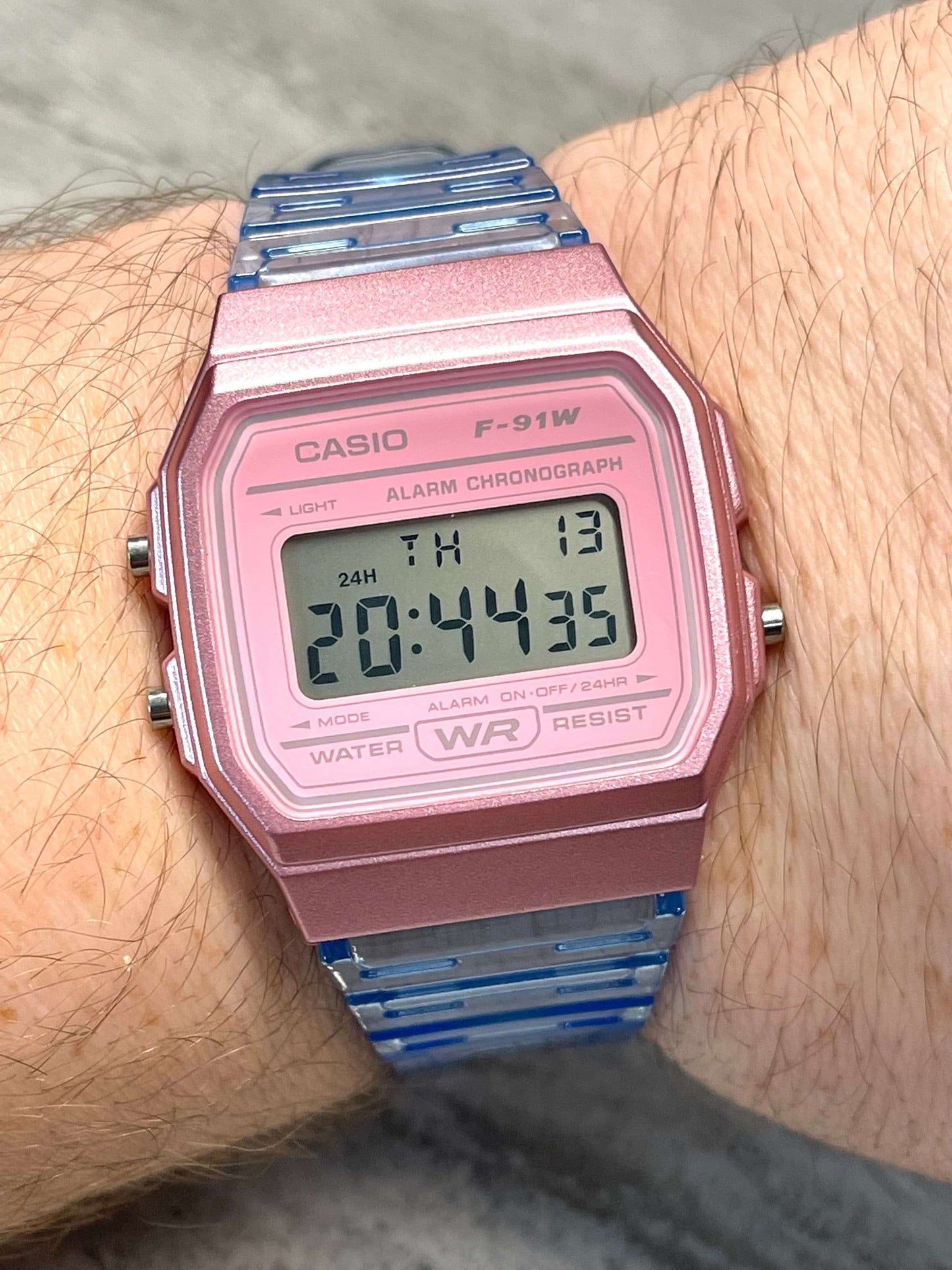 Custom Pink Casio Watch on Blue Jelly Strap