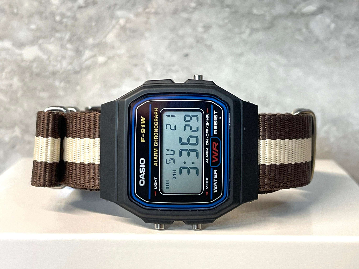 Custom Black Casio Watch on Brown/Creme Strap