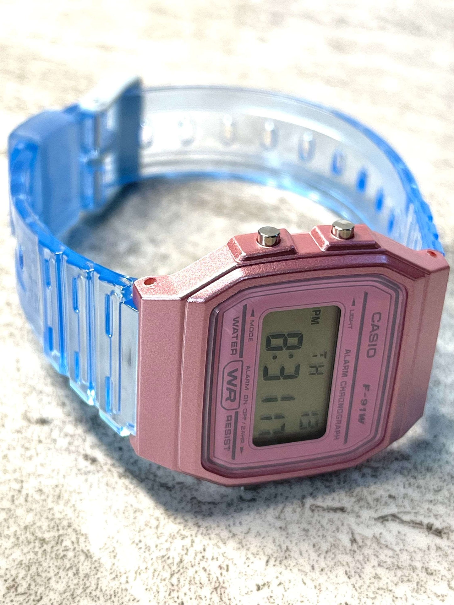 Custom Pink Casio Watch on Blue Jelly Strap
