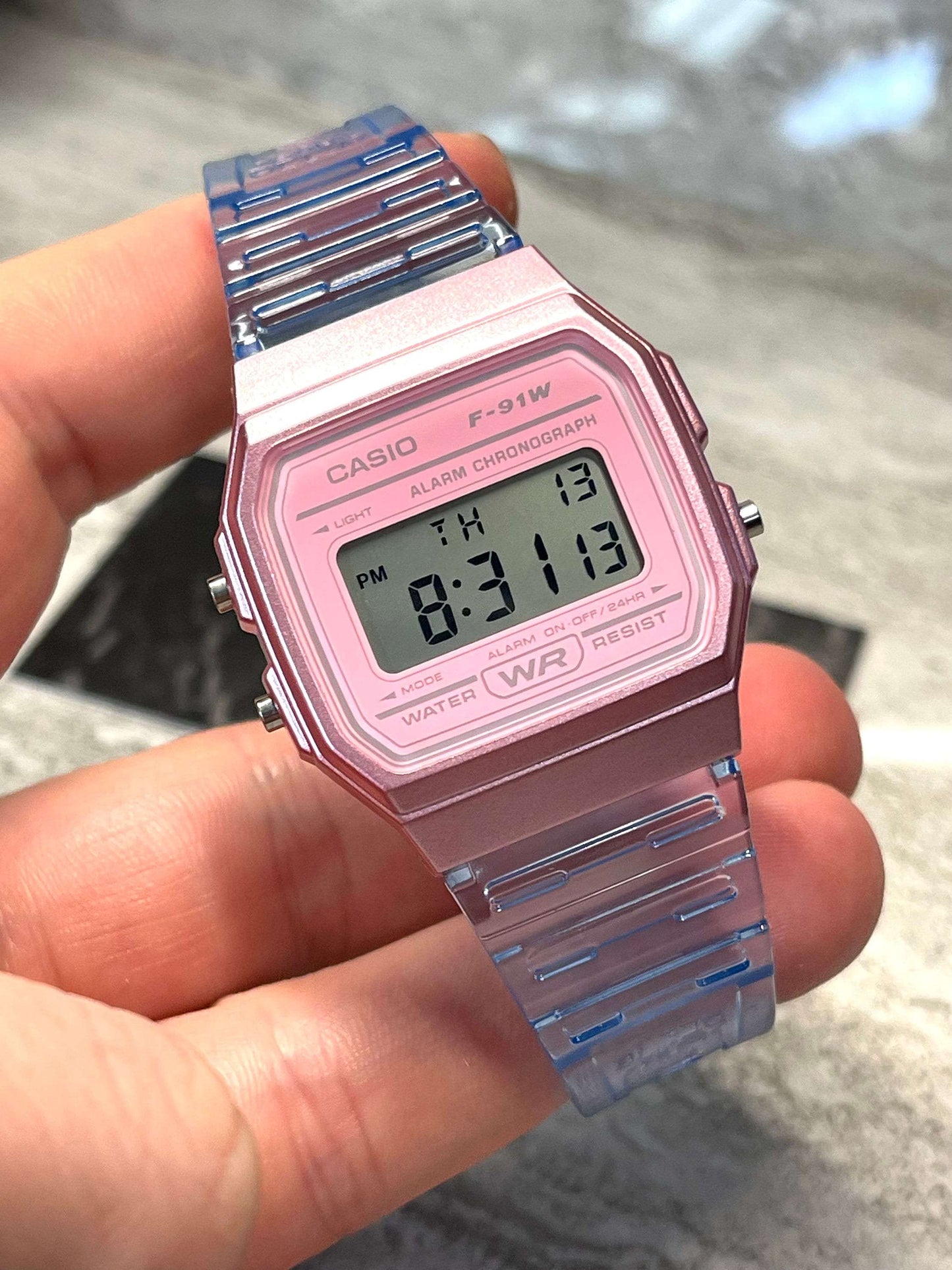 Custom Pink Casio Watch on Blue Jelly Strap