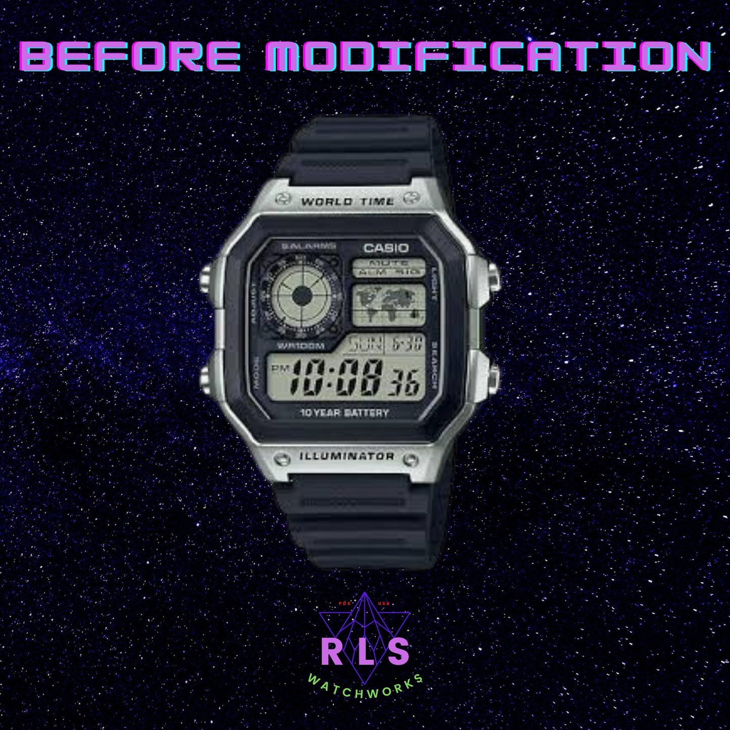 Custom Silver Casio World Time Watch with Color Screen Mod (Pick your colors)