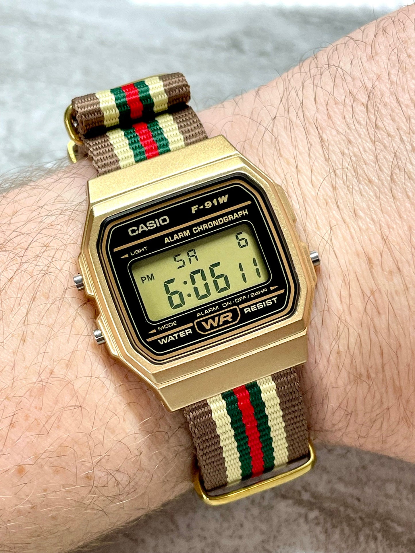 Custom Gold Casio Watch on Beige/Green/Red Strap