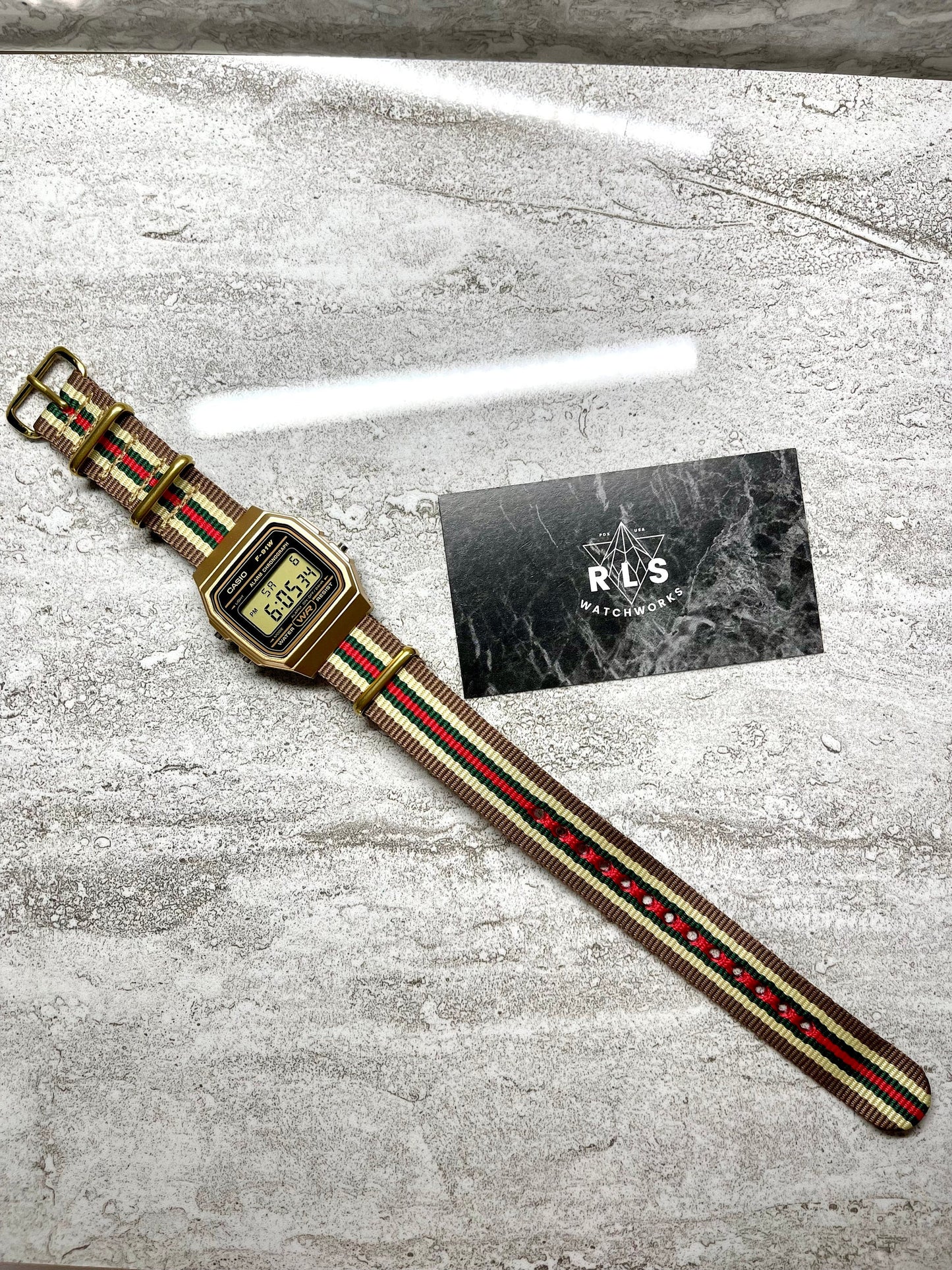 Custom Gold Casio Watch on Beige/Green/Red Strap