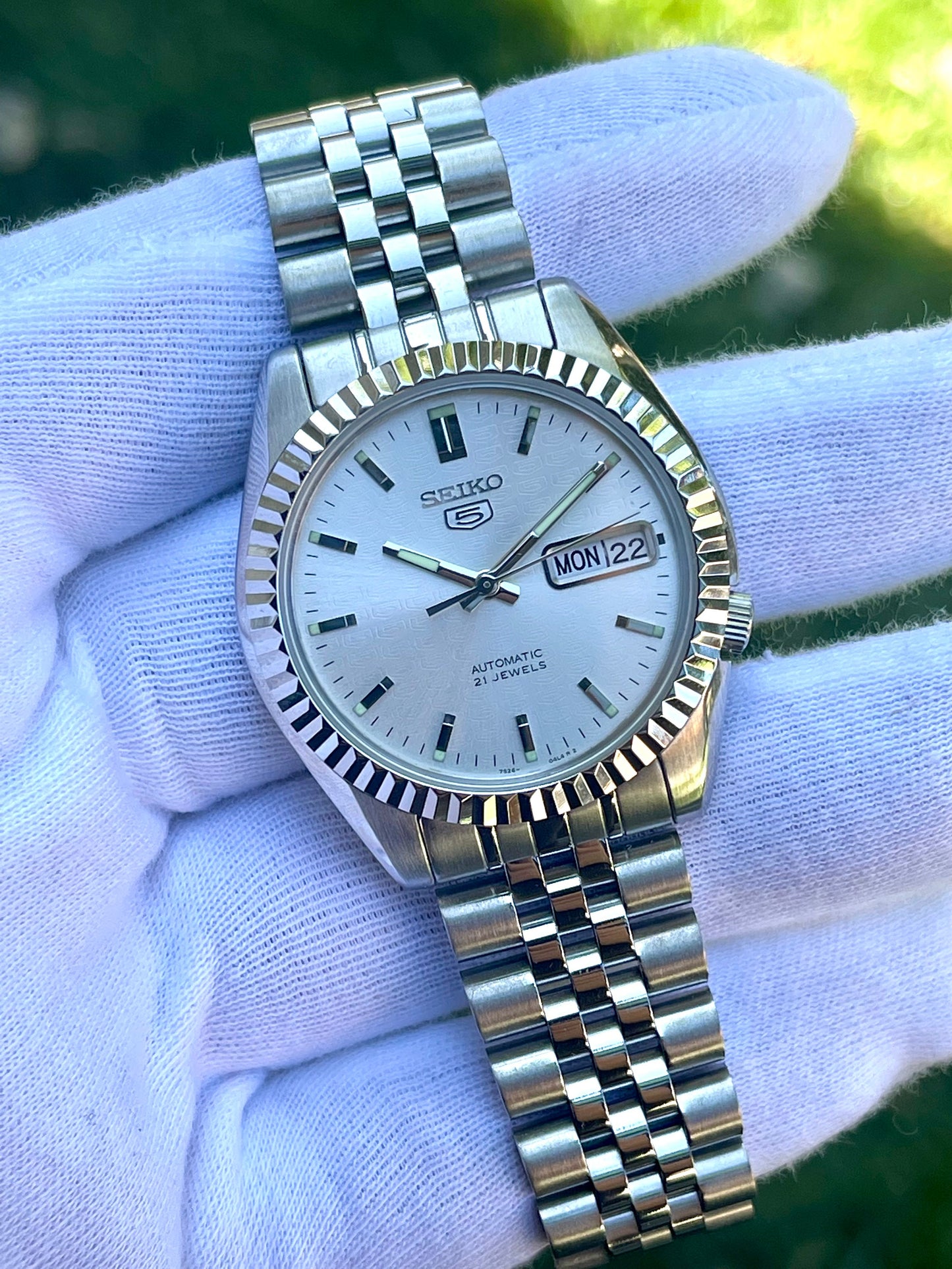The "SEIKJUST" Genuine Seiko SNK w/ Silver dial Modified - Datejust style with Sapphire crystal, Fluted Bezel, and Jubilee Style Bracelet