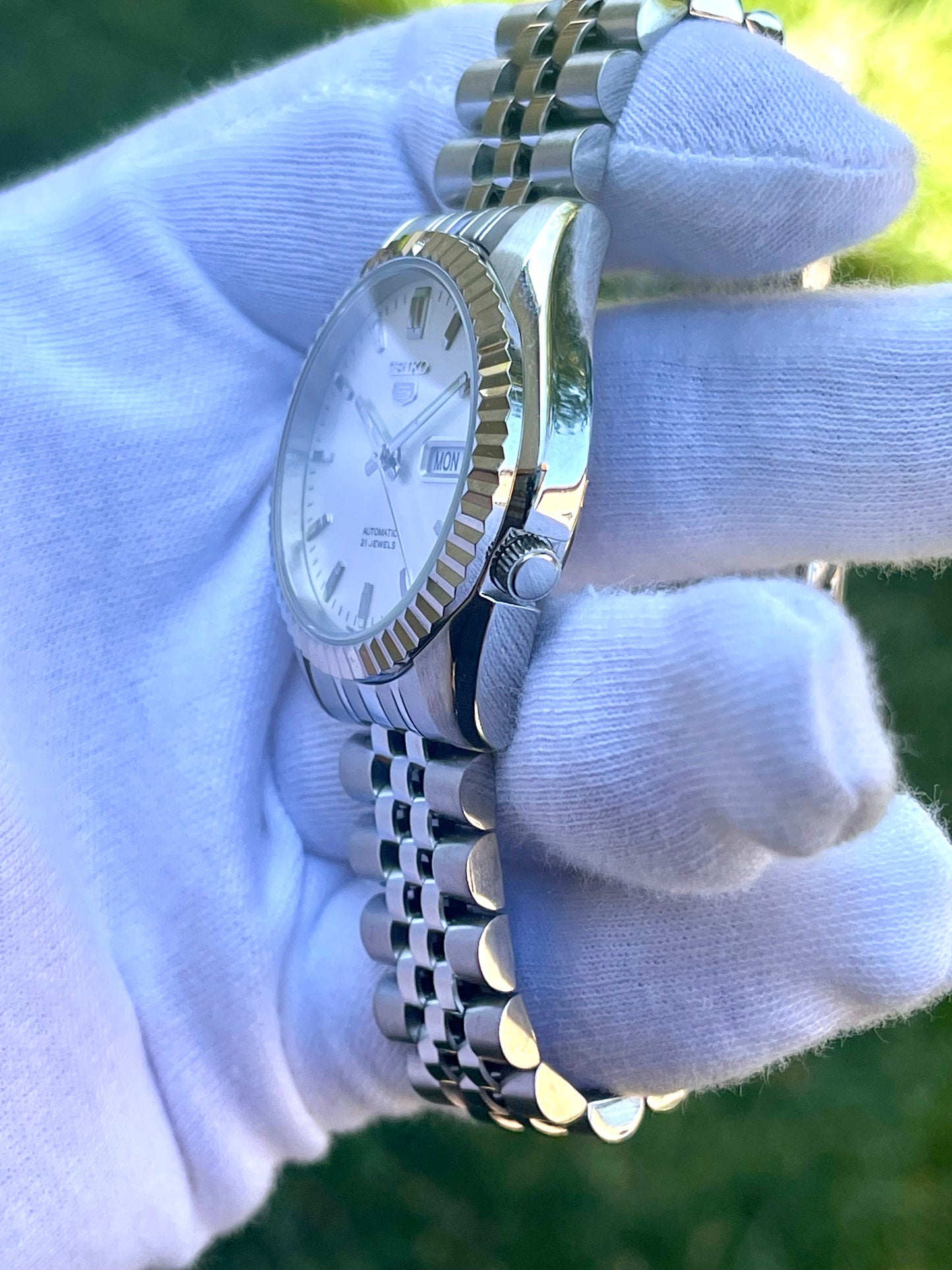 The "SEIKJUST" Genuine Seiko SNK w/ Silver dial Modified - Datejust style with Sapphire crystal, Fluted Bezel, and Jubilee Style Bracelet