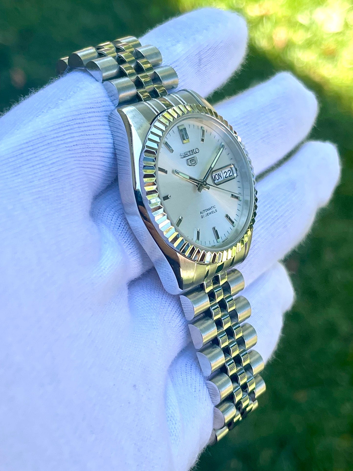 The "SEIKJUST" Genuine Seiko SNK w/ Silver dial Modified - Datejust style with Sapphire crystal, Fluted Bezel, and Jubilee Style Bracelet