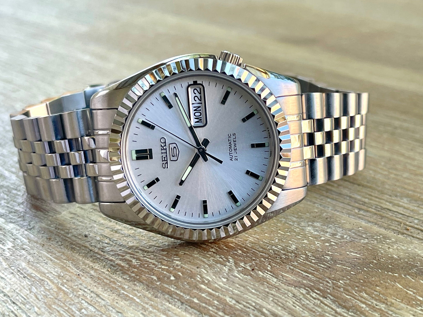 The "SEIKJUST" Genuine Seiko SNK w/ Silver dial Modified - Datejust style with Sapphire crystal, Fluted Bezel, and Jubilee Style Bracelet