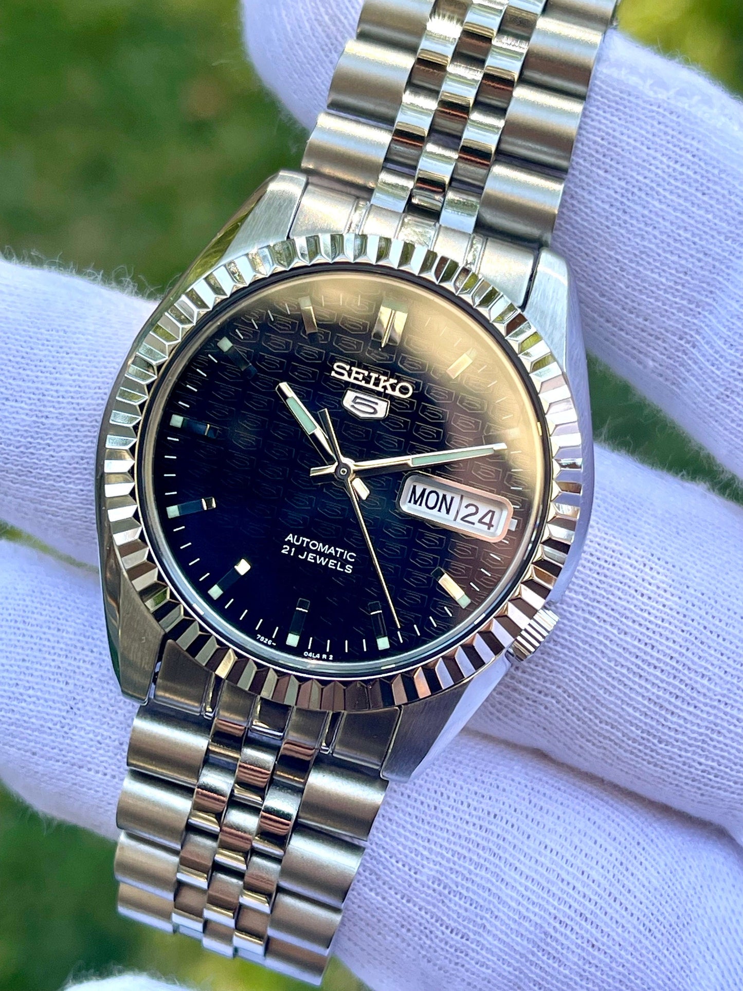 The "SEIKJUST" Genuine Seiko SNK w/ Dark Blue dial Modified - Datejust style with Sapphire crystal, Fluted Bezel, and Jubilee Style Bracelet