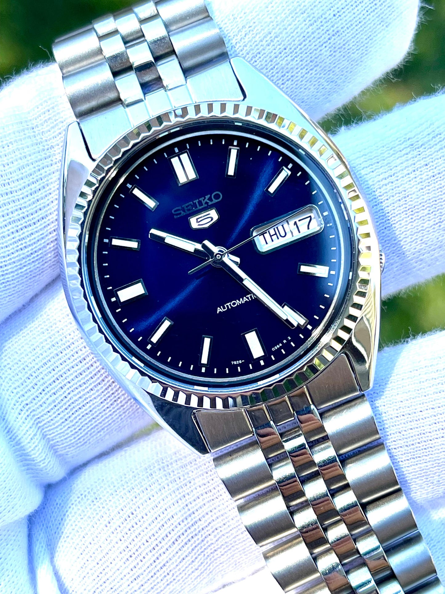 The "SNXSJUST"  Genuine Seiko SNXS Modified (Blue Dial) Datejust Homage w/ Sapphire Crystal, Fluted Bezel and Jublee style bracelet