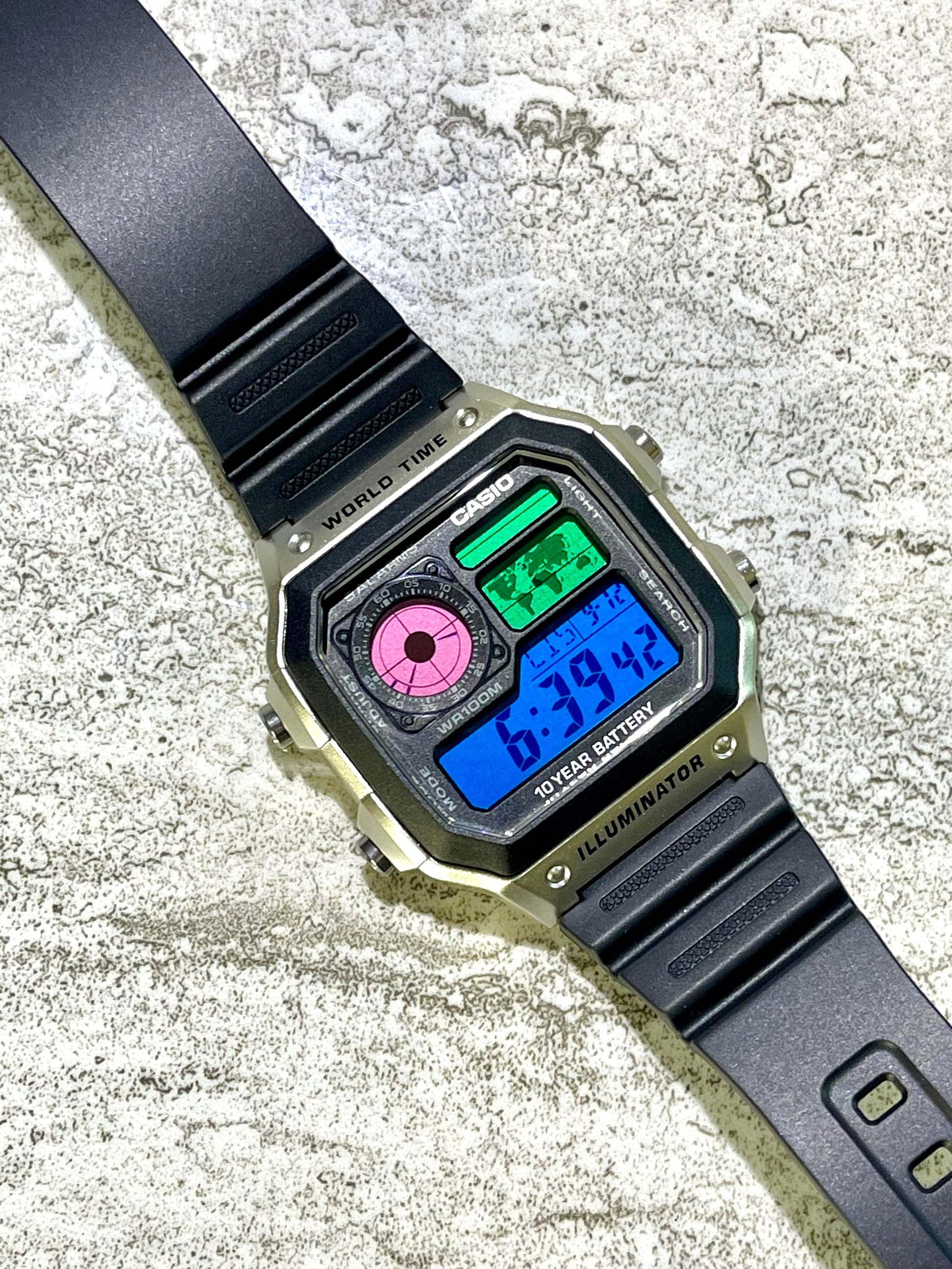 Custom Silver Casio World Time Watch with Color Screen Mod (Pick your colors)