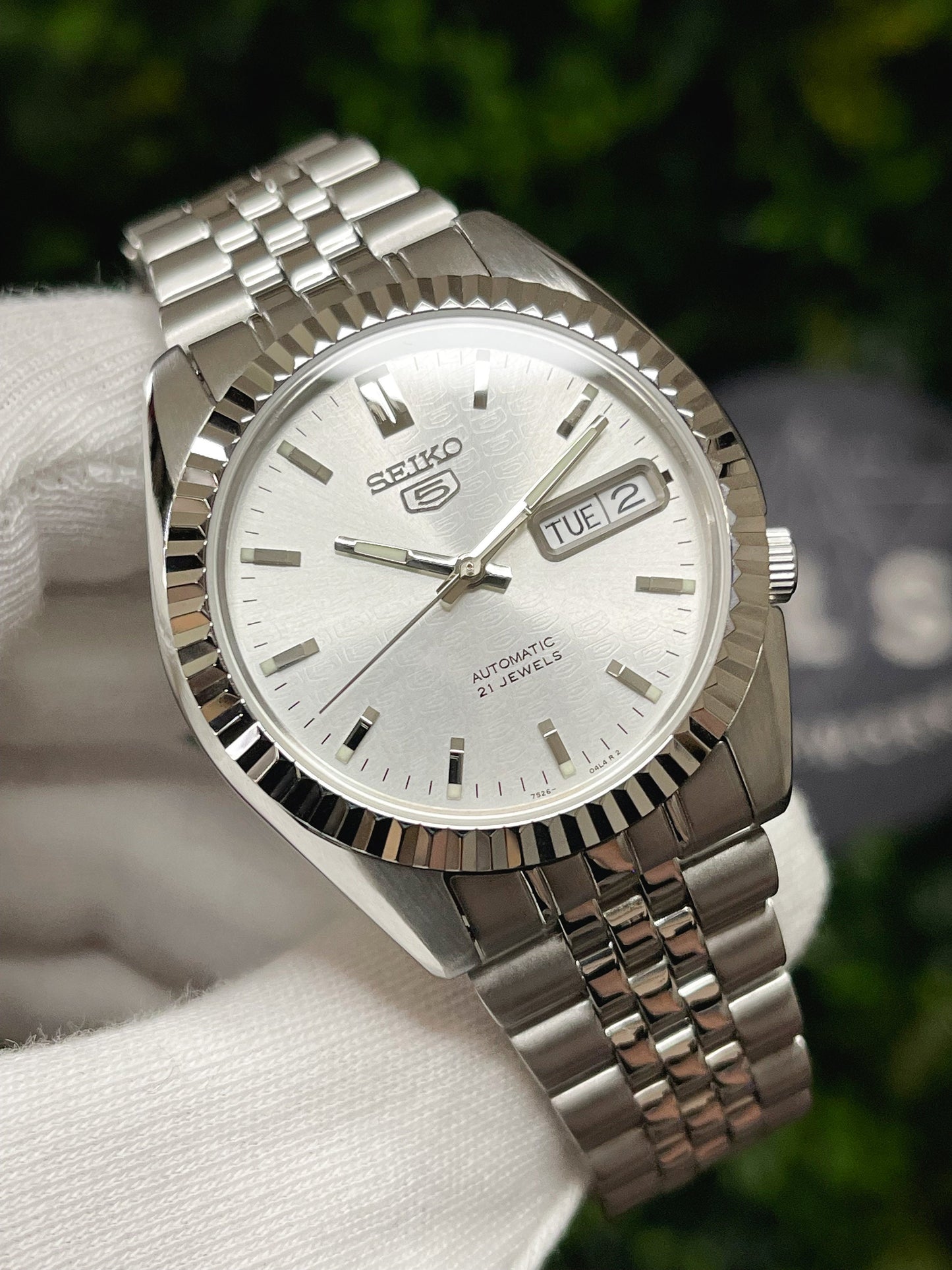 The "SEIKJUST" Genuine Seiko SNK w/ Silver dial Modified - Datejust style with Sapphire crystal, Fluted Bezel, and Jubilee Style Bracelet