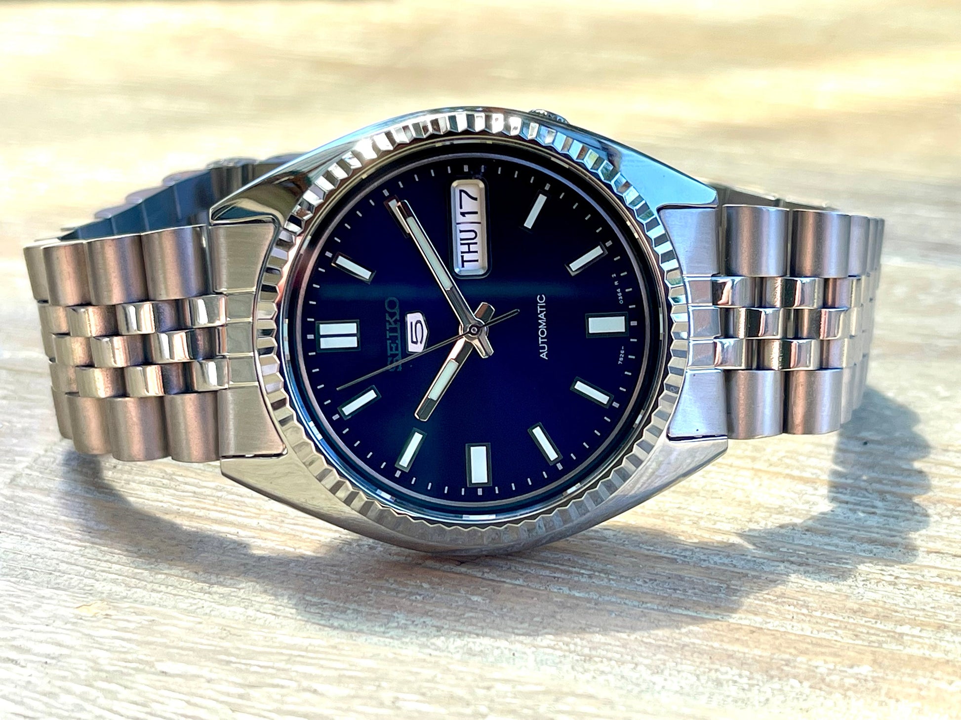 The "SNXSJUST"  Genuine Seiko SNXS Modified (Blue Dial) Datejust Homage w/ Sapphire Crystal, Fluted Bezel and Jublee style bracelet