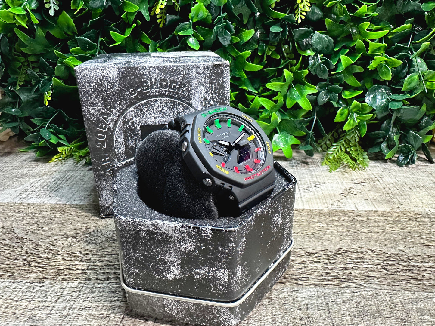 G-Shock CasiOak "Rasta" - Red/Green/Yellow Hand Painted Genuine Casio GA2100 - Carbon Core Protection - Optional Sapphire Crystal