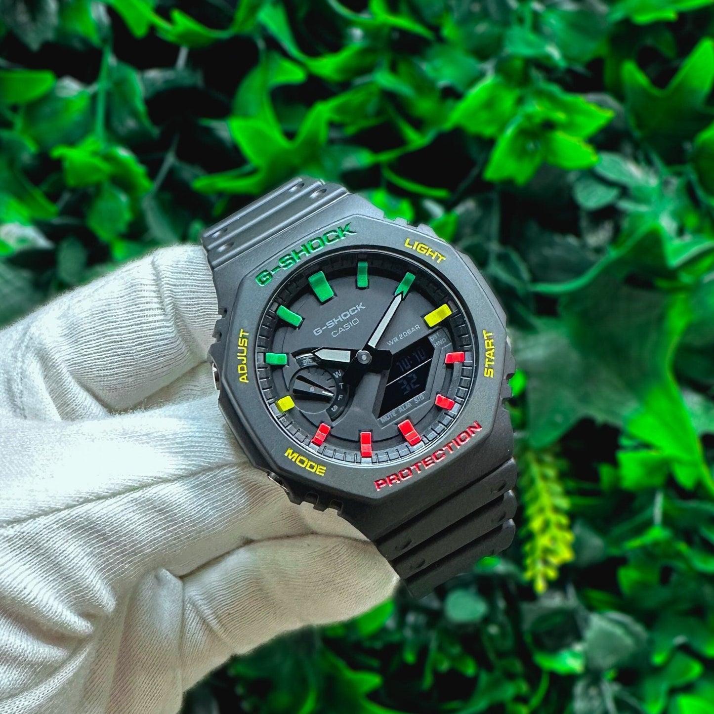 G-Shock CasiOak "Rasta" - Red/Green/Yellow Hand Painted Genuine Casio GA2100 - Carbon Core Protection - Optional Sapphire Crystal