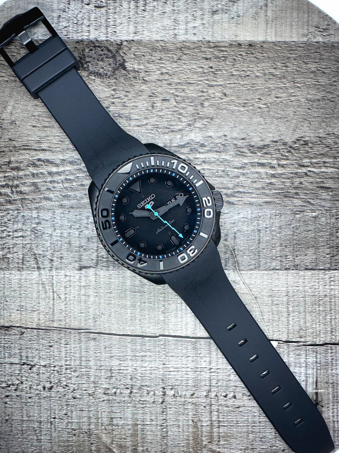 42mm "BLACKOUT/BLUE" Genuine Seiko 5KX SRPD Modified Yacht Style w/ Sapphire Crystal & Ceramic Bezel Insert