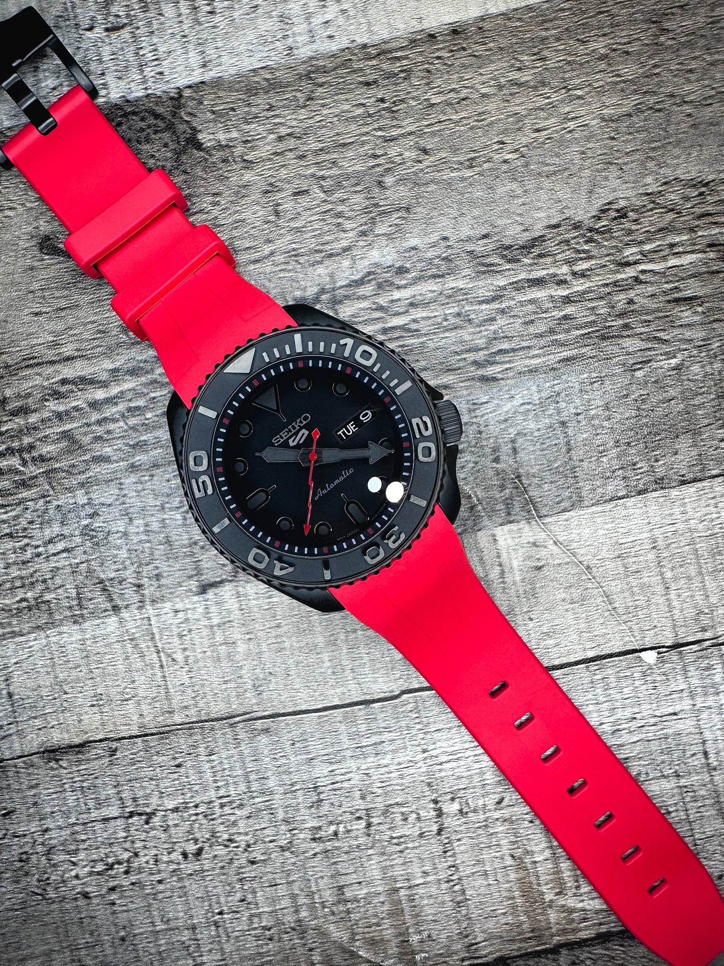 42mm "BLACKOUT/RED" Genuine Seiko 5KX SRPD Modified Yacht Style w/ Sapphire Crystal & Ceramic Bezel Insert