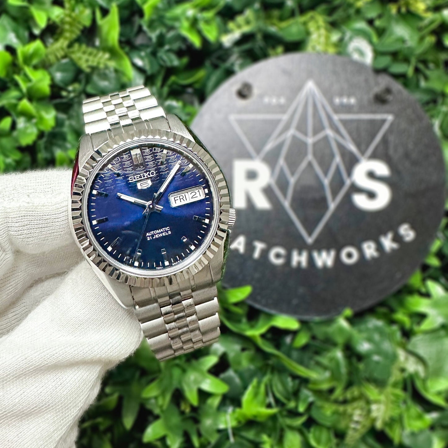 The "SEIKJUST" Genuine Seiko SNK w/ Dark Blue dial Modified - Datejust style with Sapphire crystal, Fluted Bezel, and Jubilee Style Bracelet