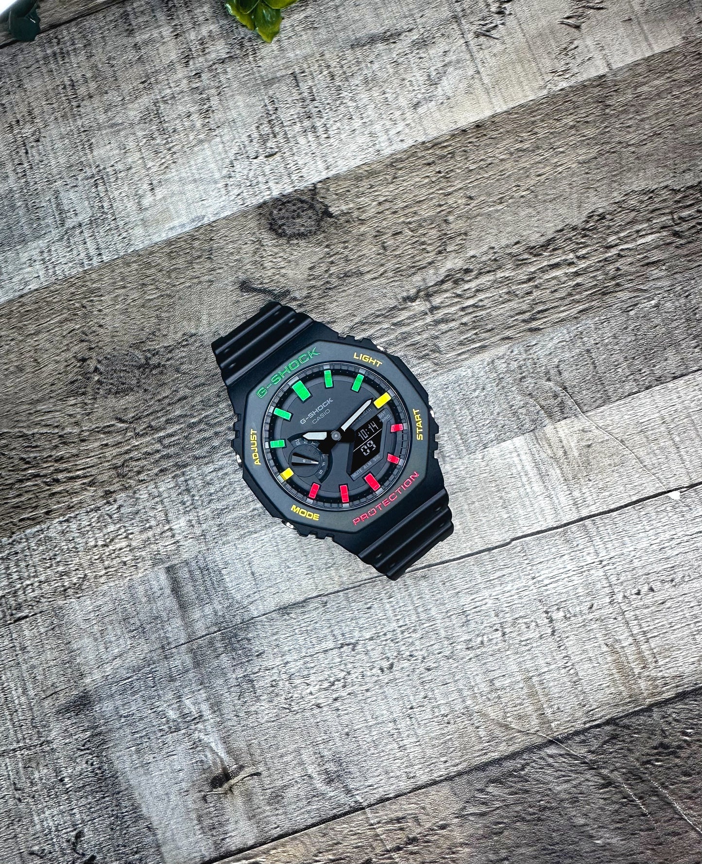 G-Shock CasiOak "Rasta" - Red/Green/Yellow Hand Painted Genuine Casio GA2100 - Carbon Core Protection - Optional Sapphire Crystal