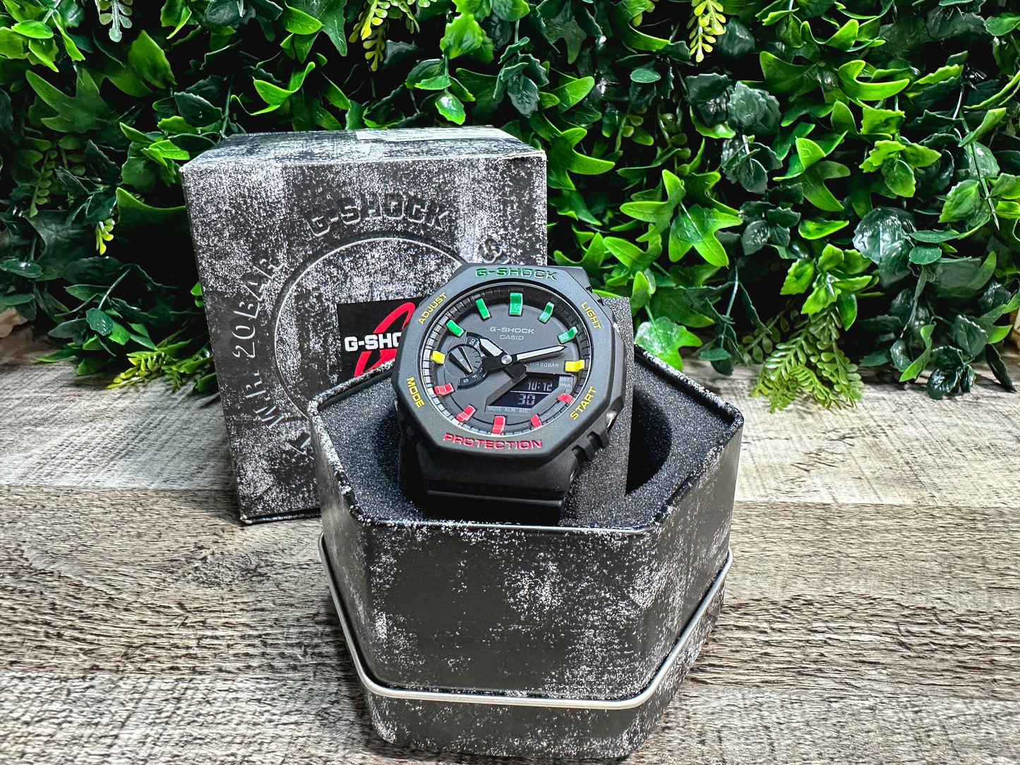 G-Shock CasiOak "Rasta" - Red/Green/Yellow Hand Painted Genuine Casio GA2100 - Carbon Core Protection - Optional Sapphire Crystal