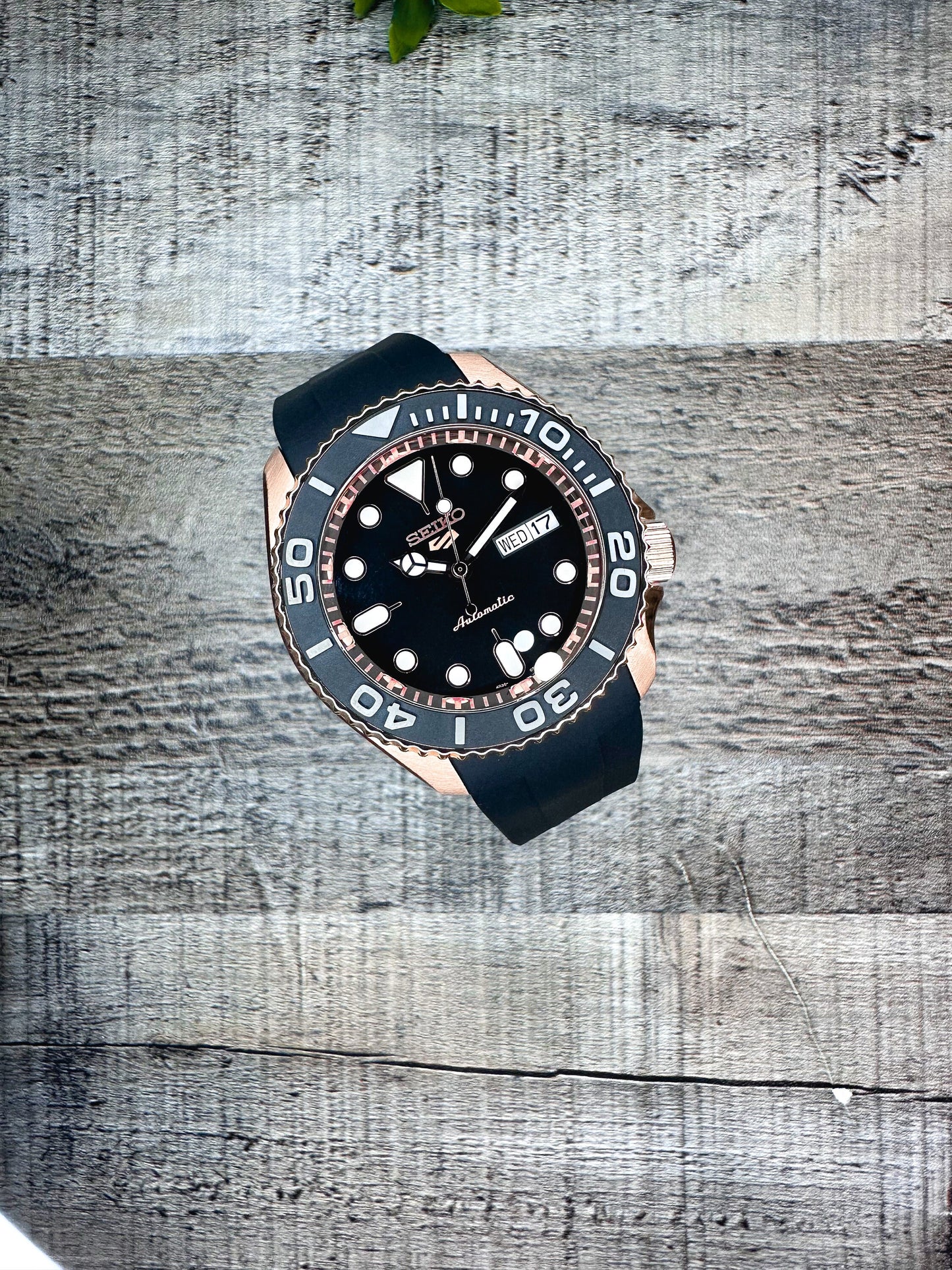 42mm "ROSE GOLD YACHT" Genuine Seiko 5KX Srpd Modified Sub Style w/ Sapphire Crystal, Ceramic Bezel Insert & Rubber Strap