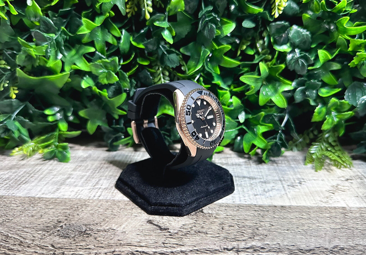 42mm "ROSE GOLD YACHT" Genuine Seiko 5KX Srpd Modified Sub Style w/ Sapphire Crystal, Ceramic Bezel Insert & Rubber Strap