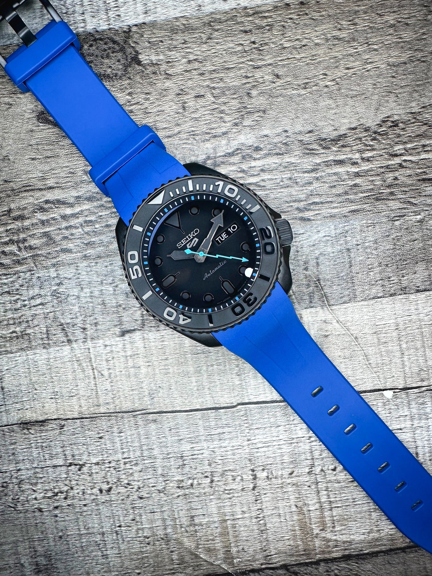 42mm "BLACKOUT/BLUE" Genuine Seiko 5KX SRPD Modified Yacht Style w/ Sapphire Crystal & Ceramic Bezel Insert