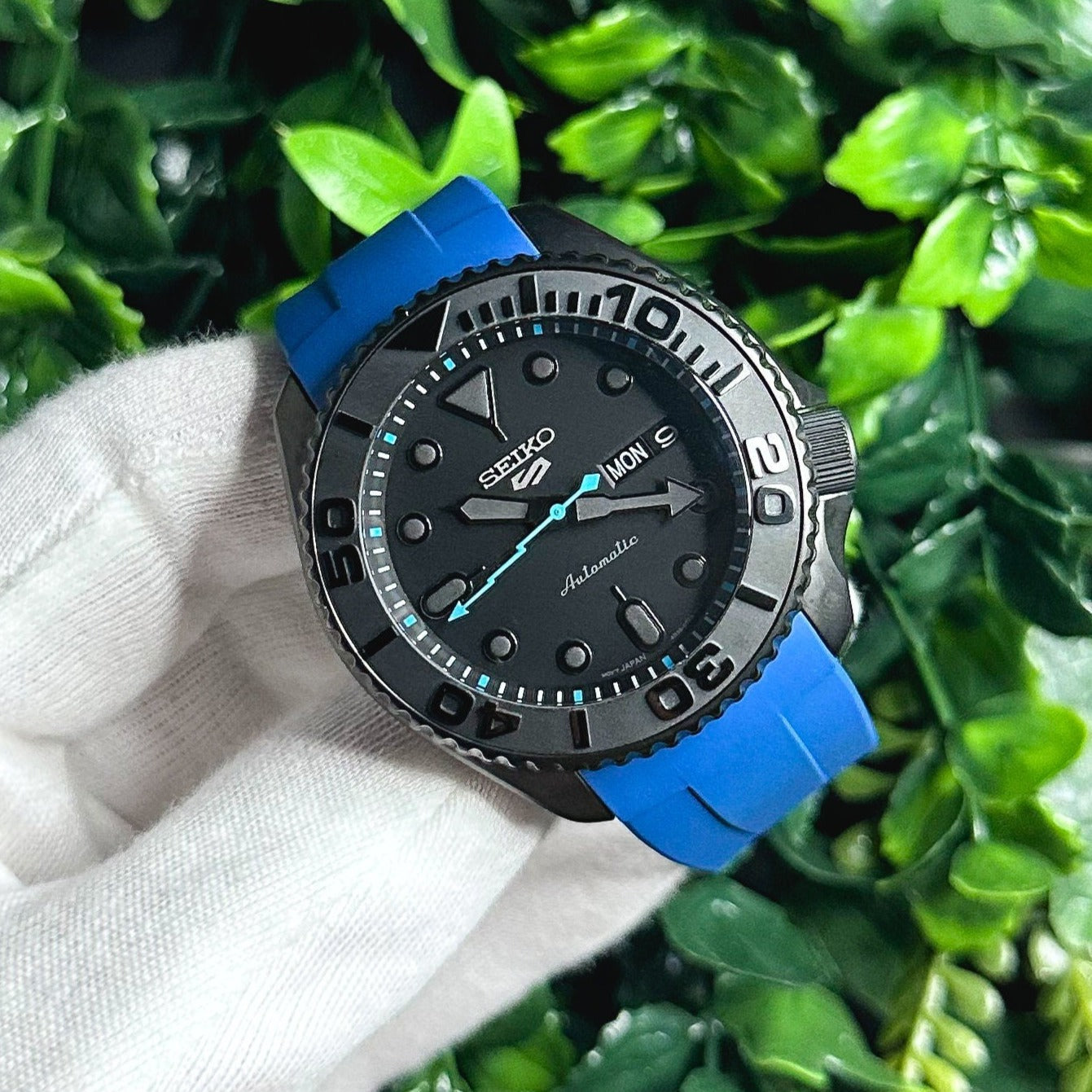 42mm "BLACKOUT/BLUE" Genuine Seiko 5KX SRPD Modified Yacht Style w/ Sapphire Crystal & Ceramic Bezel Insert
