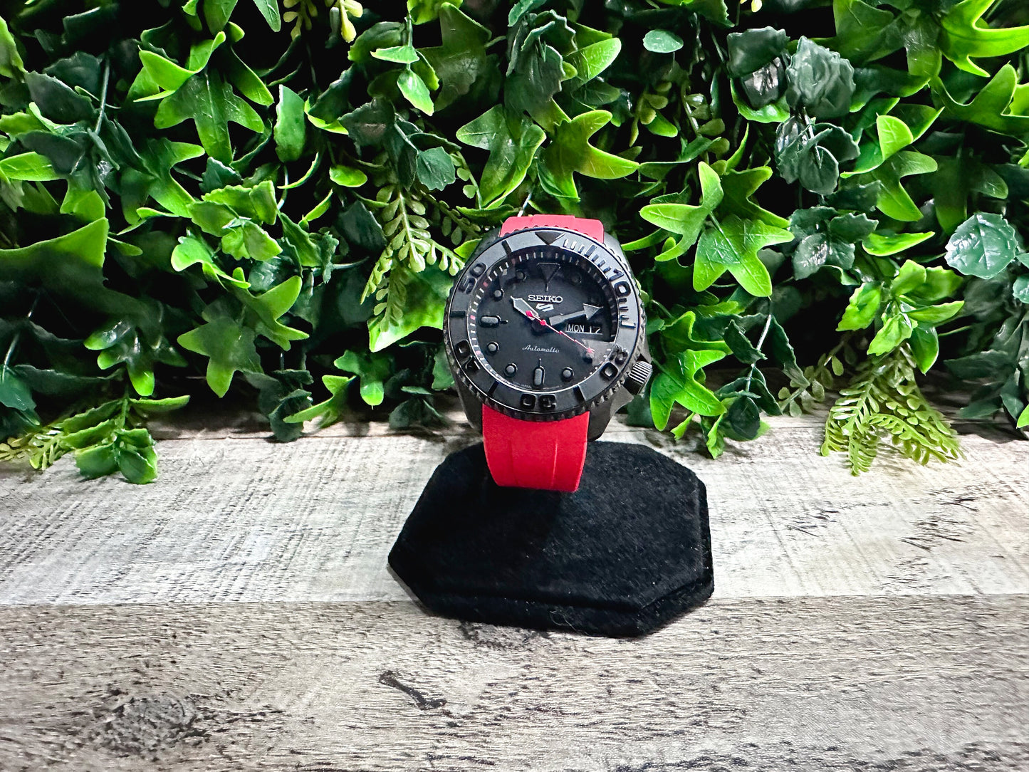 42mm "BLACKOUT/RED" Genuine Seiko 5KX SRPD Modified Yacht Style w/ Sapphire Crystal & Ceramic Bezel Insert