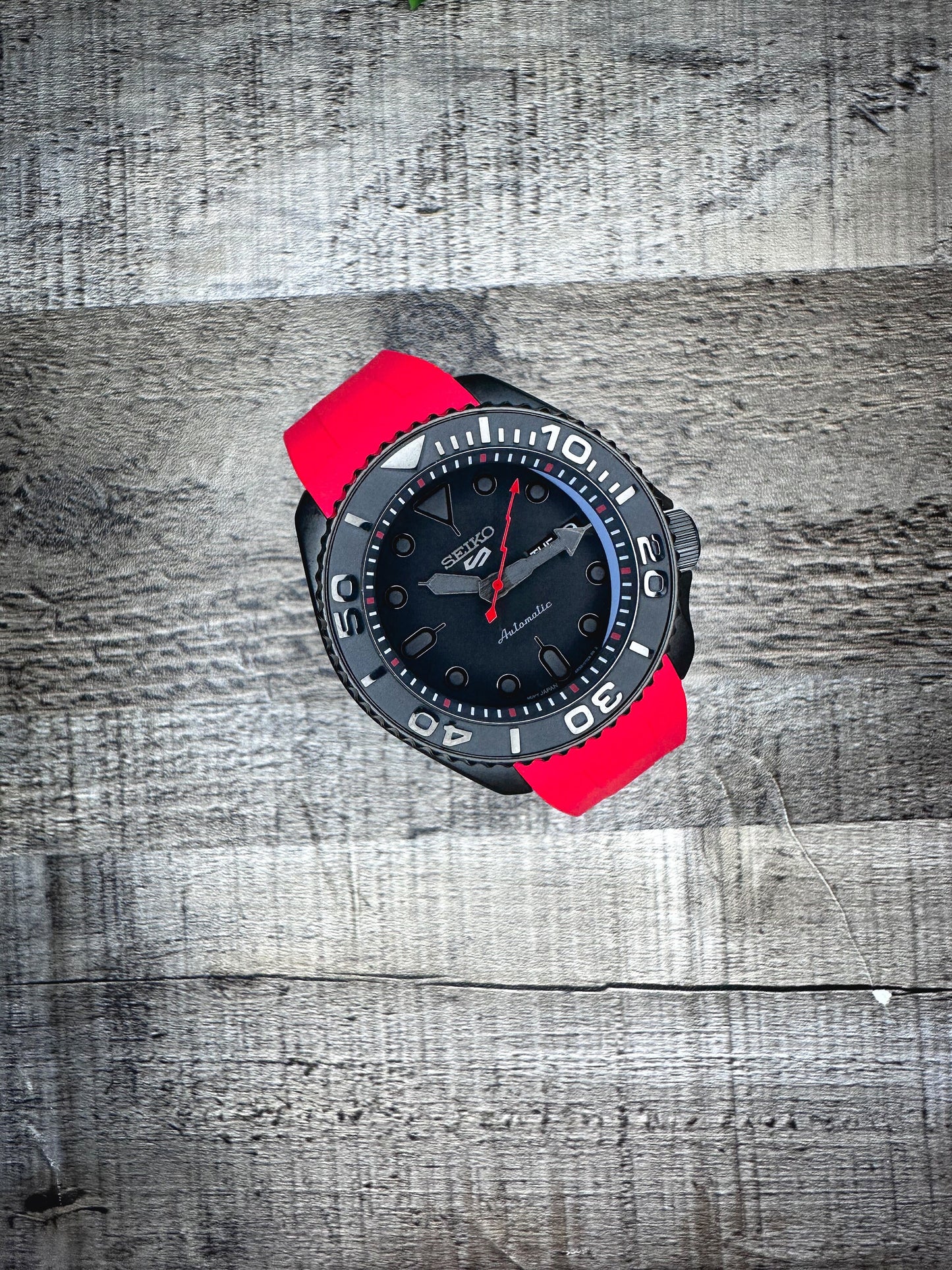 42mm "BLACKOUT/RED" Genuine Seiko 5KX SRPD Modified Yacht Style w/ Sapphire Crystal & Ceramic Bezel Insert