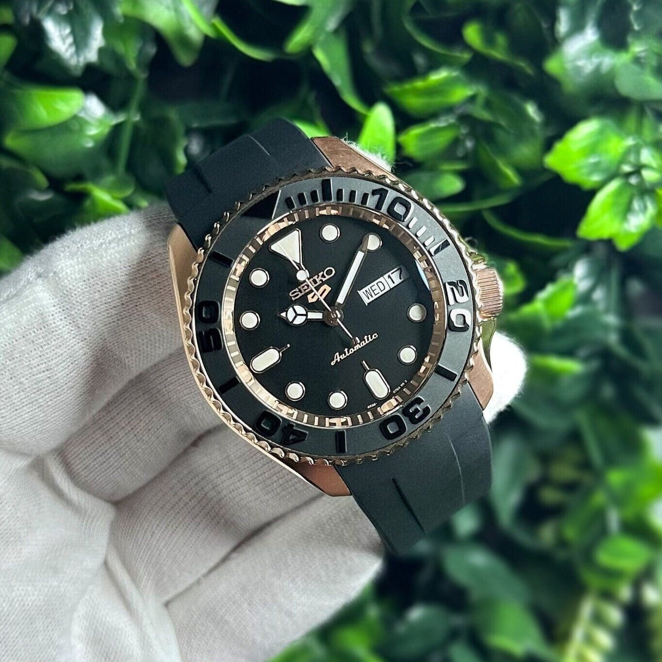 42mm "ROSE GOLD YACHT" Genuine Seiko 5KX Srpd Modified Sub Style w/ Sapphire Crystal, Ceramic Bezel Insert & Rubber Strap