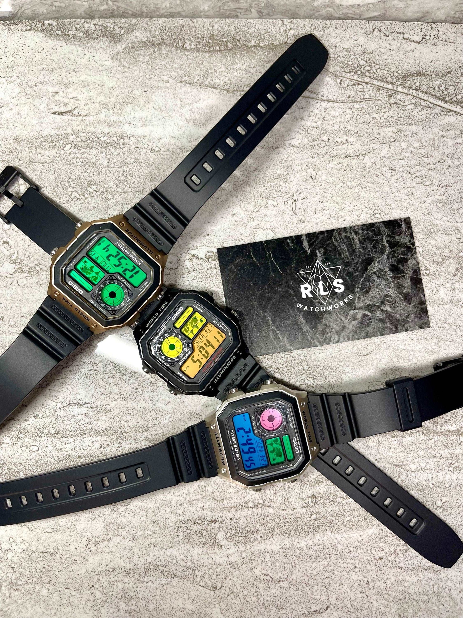 Custom Casio World Time Watch, Silver, Black, Gold with Color Screen Mod (Pick your colors)