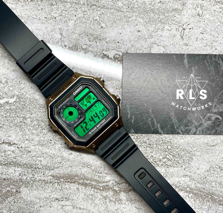 Custom Gold Casio World Time Watch with Color Screen Mod (Pick your colors)