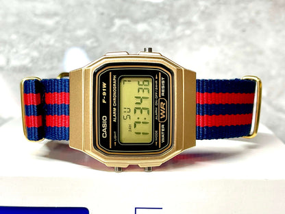 Custom Gold Casio Watch on Blue/Red Strap 