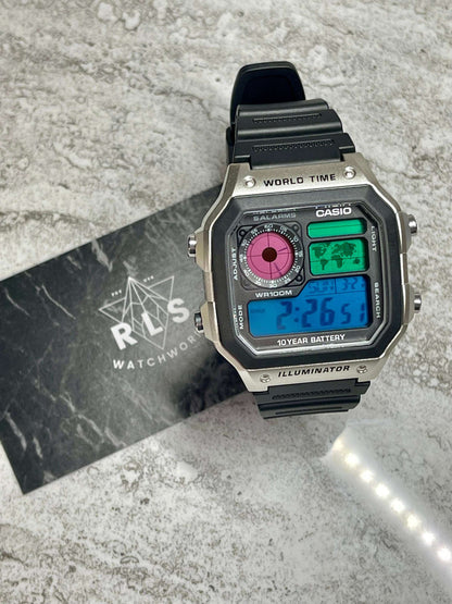 Custom Casio World Time Watch, Silver, Black, Gold with Color Screen Mod (Pick your colors)