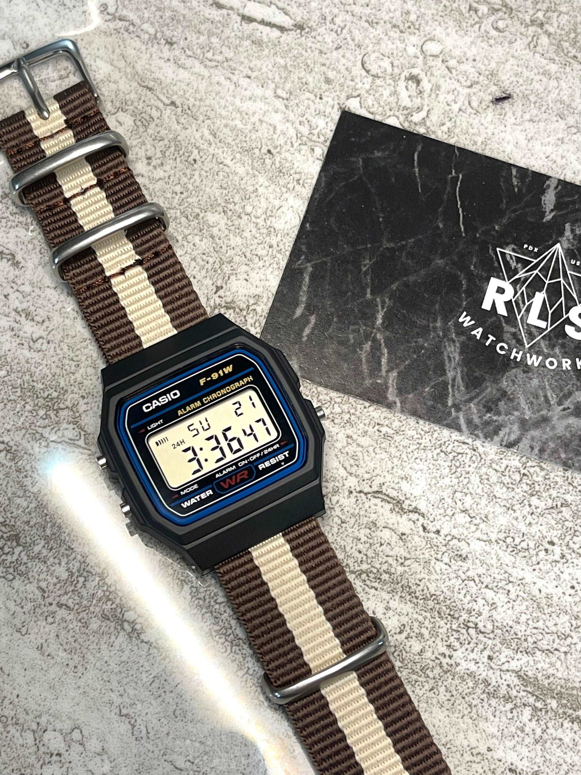 Custom Black Casio Watch on Brown/Creme Strap 