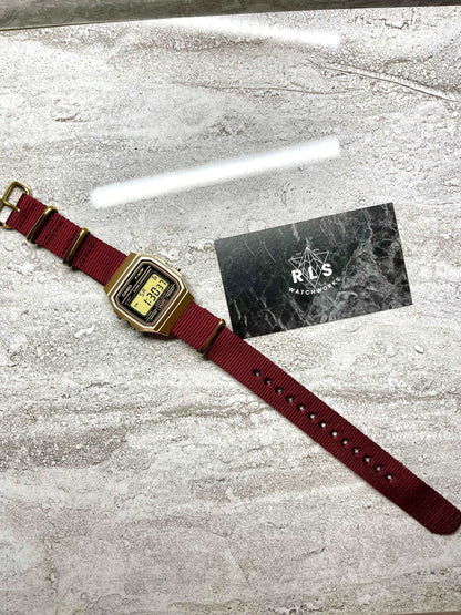 Custom Gold Casio Watch on Burgundy Strap