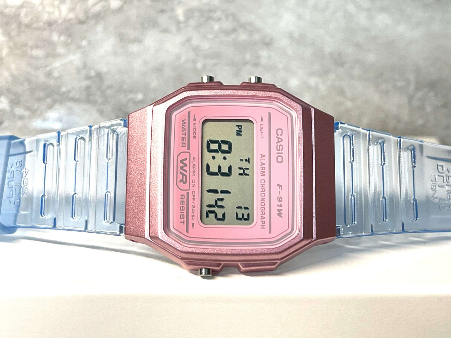 Custom Pink Casio Watch on Blue Jelly Strap