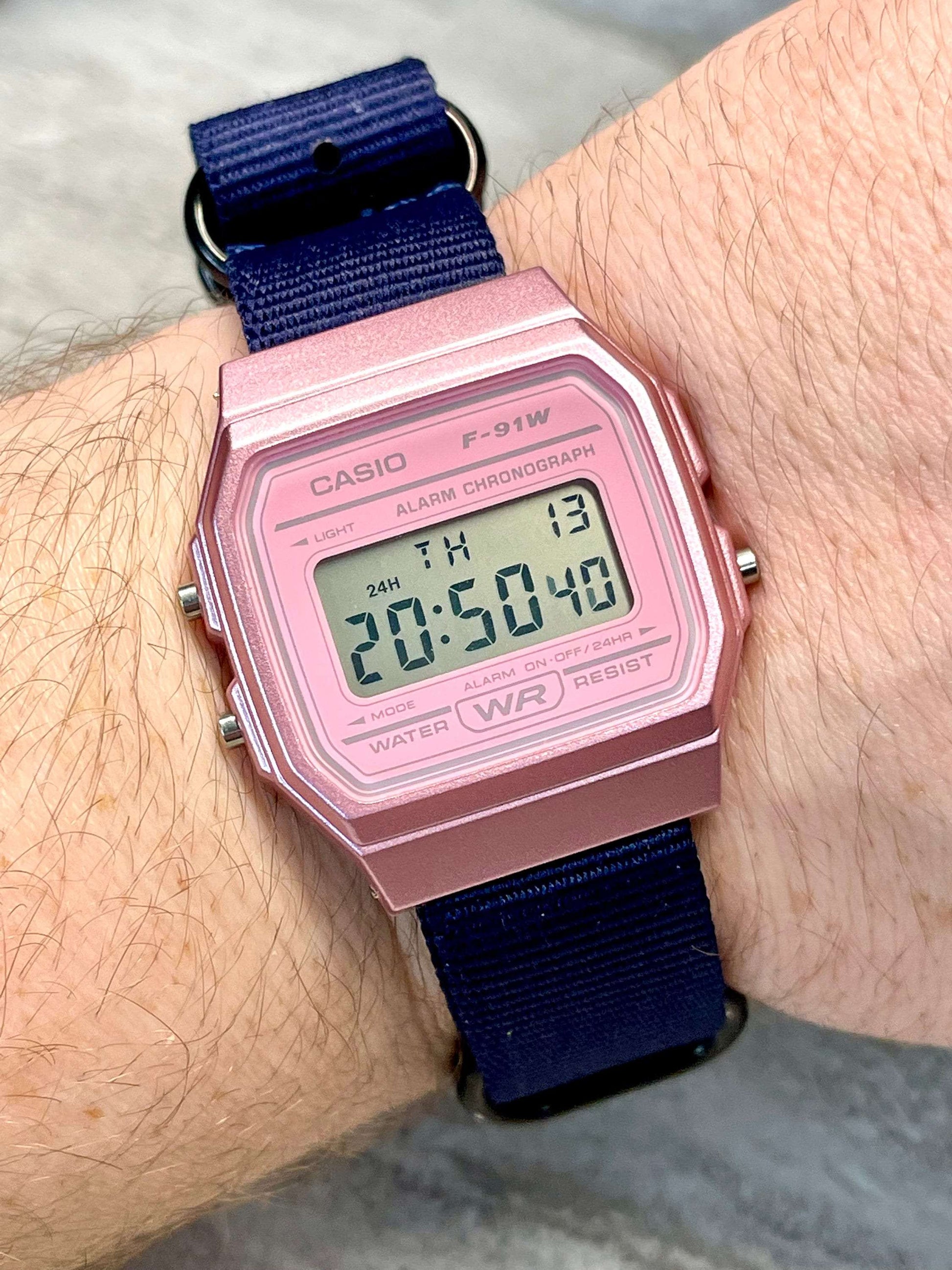 Custom Pink Casio Watch on Navy Blue Strap