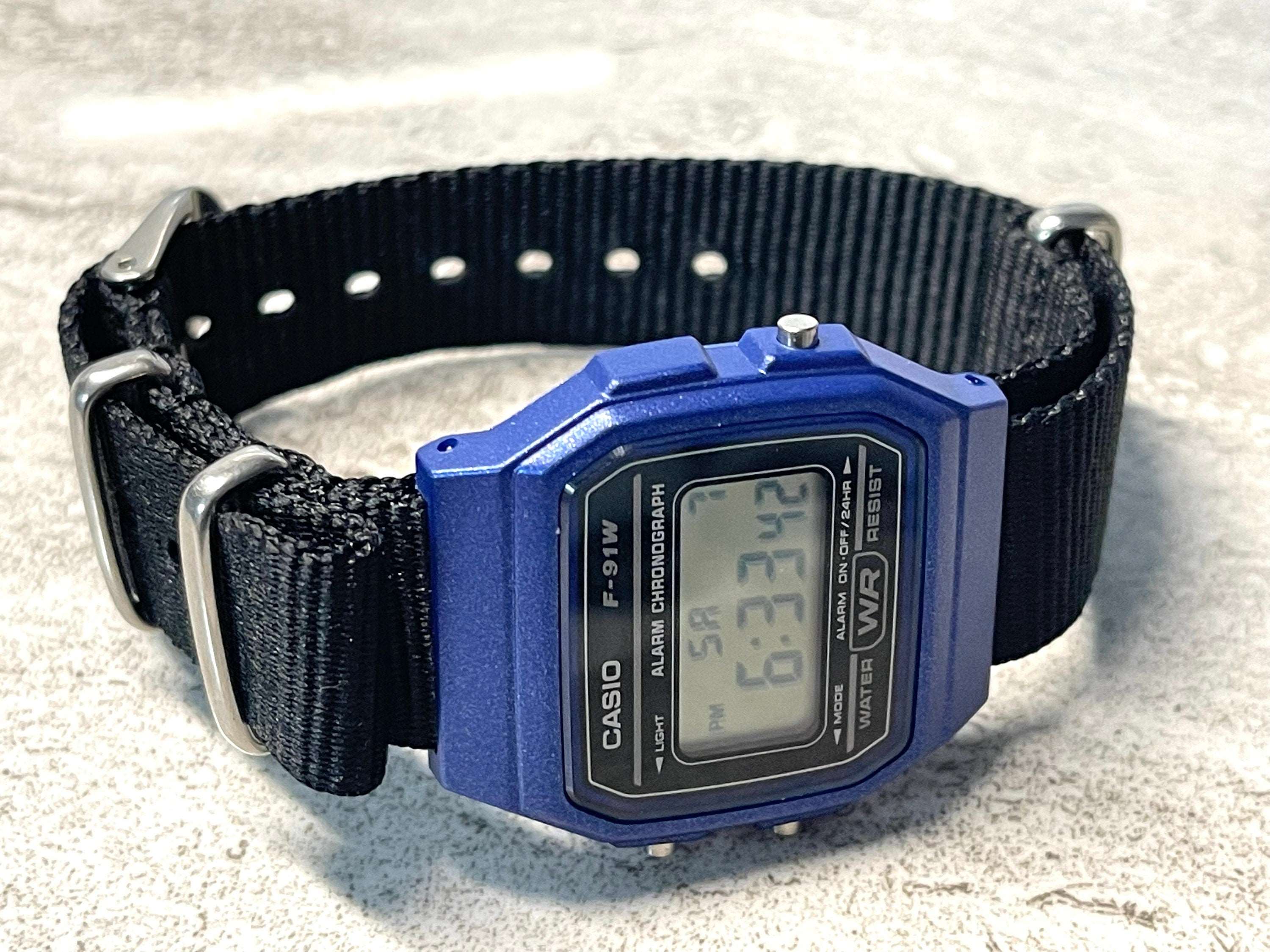 Blue Casio Watch on Black Strap w silver hardware rswatchworks