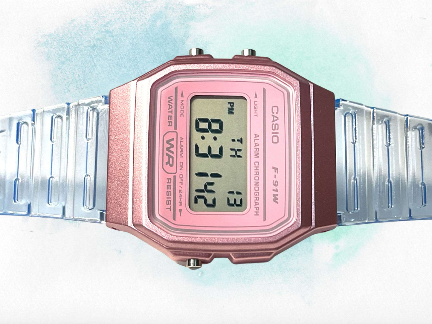 Custom Pink Casio Watch on Blue Jelly Strap