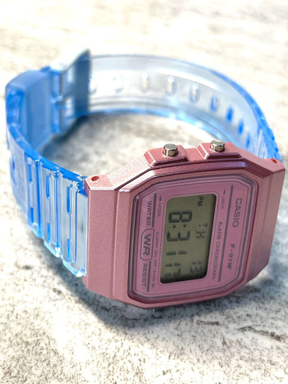 Custom Pink Casio Watch on Blue Jelly Strap