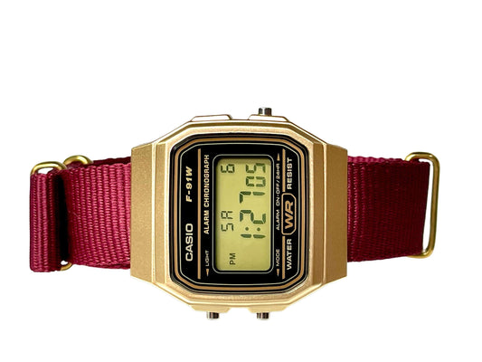Custom Gold Casio Watch on Burgundy Strap