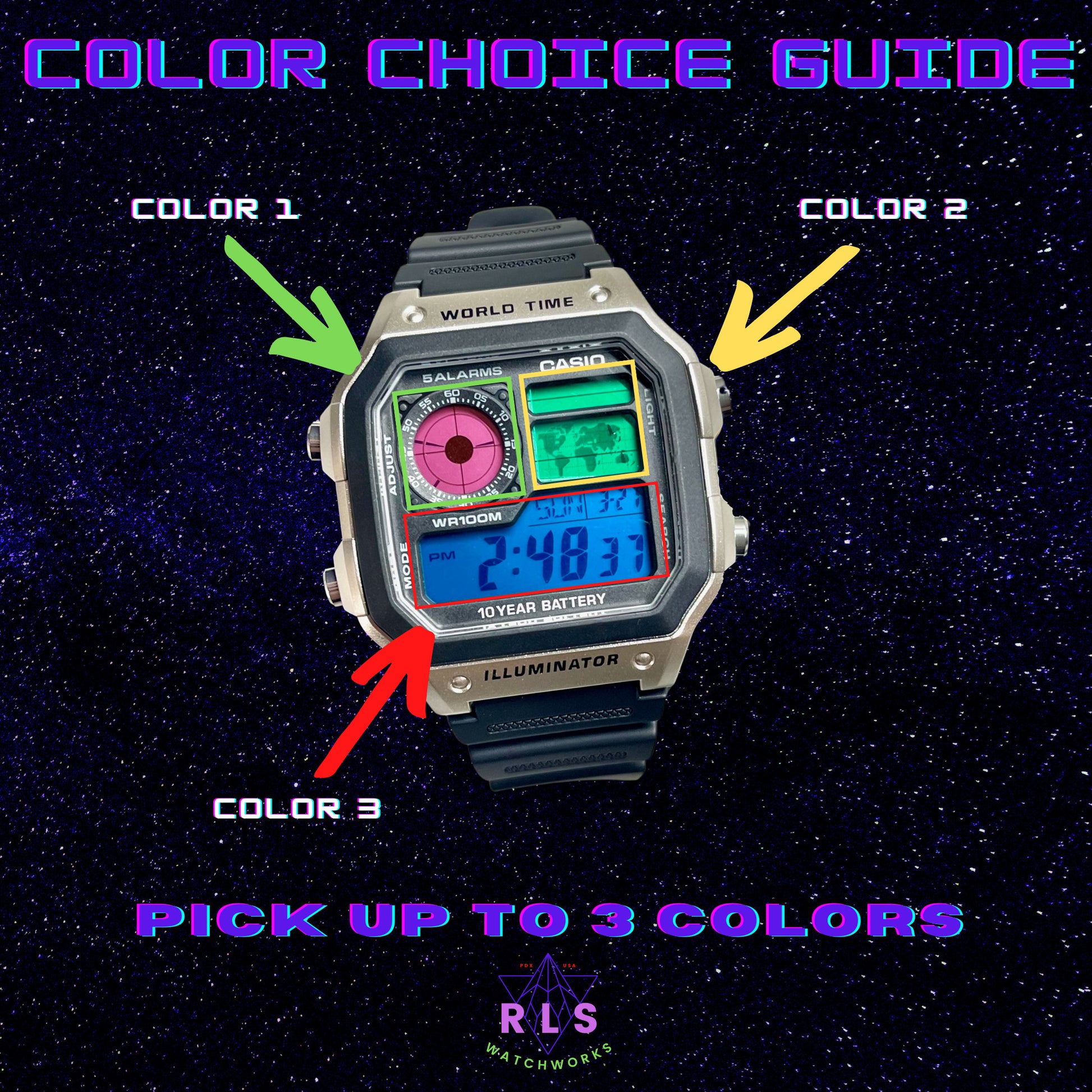Custom Silver Casio World Time Watch With Color Screen Mod pick Your Colors  -  Norway